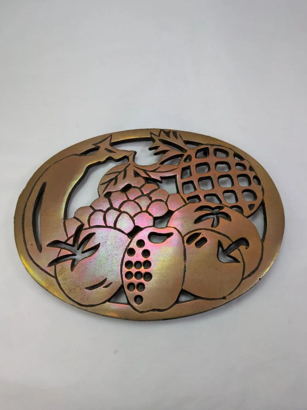 Vintage Old Dutch Design Copper Fruit Trivet Iridescent Rainbow Patina Wall Hang
